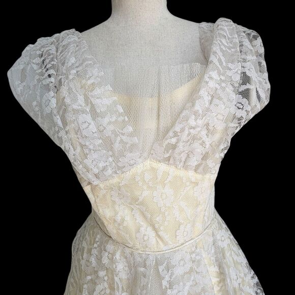 VTG 50s 60s Lace Bridal Party Dress Cream White Cottagecore Prairie Fit Flare S - Picture 5 of 16